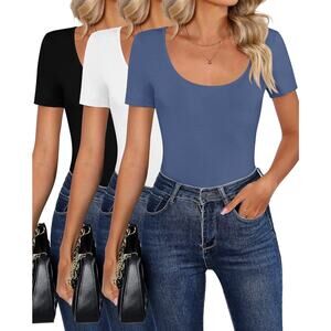Riyiper 3 Pcs Women’s Scoop Neck Fitted Tops (XX-Large, Black/White/Haze Blue)